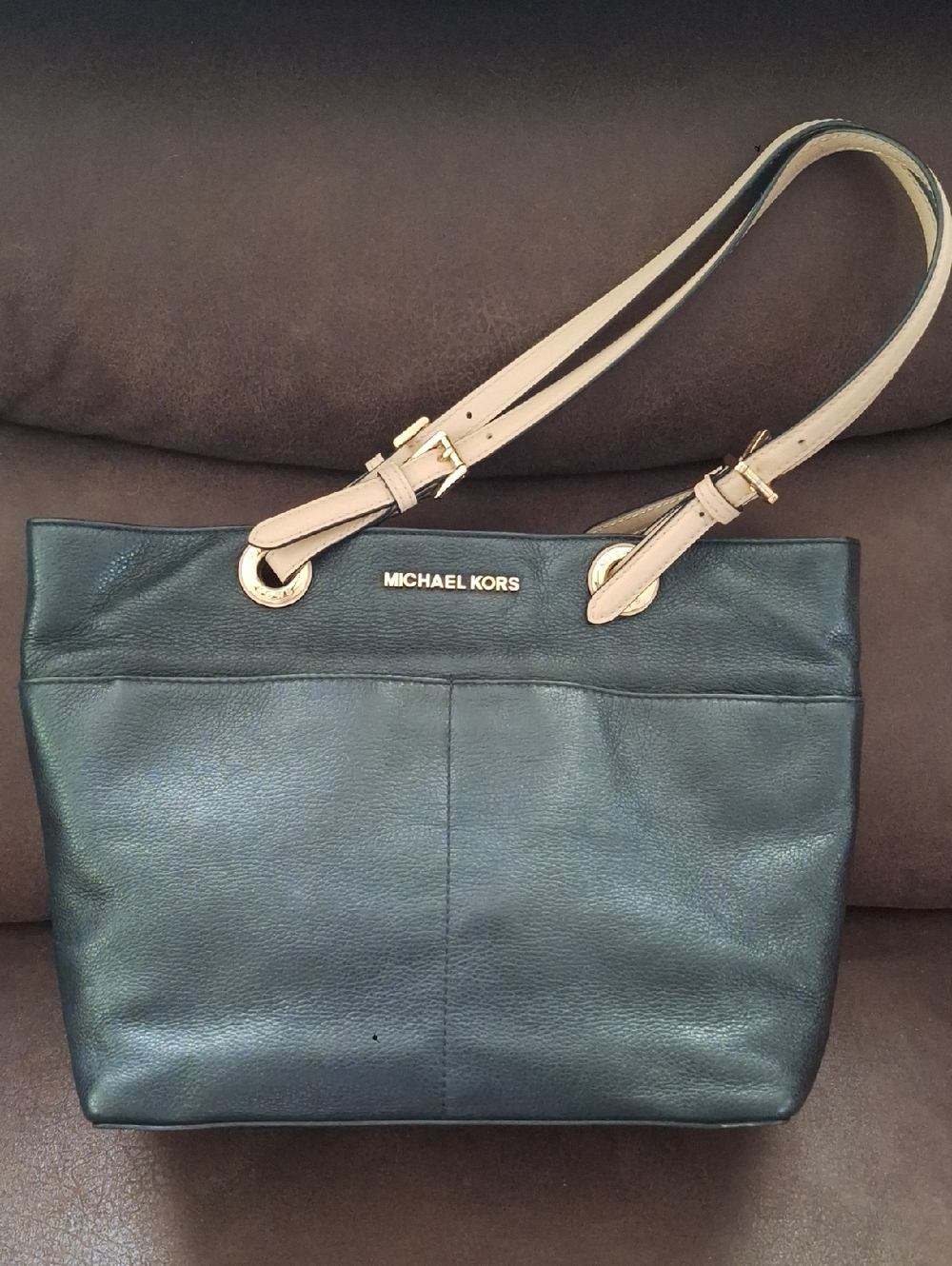 Michael Kors Black Leather Tote with Beige Shoulder Straps